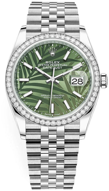 Rolex Datejust 36 Steel Diamond Bezel Olive Green Palm Index Dial Jubilee Band 126284rbr - WatchesOff5th